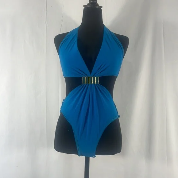 Blue Monokini, embellished design front,halter top with tie, size small - Picture 10 of 10